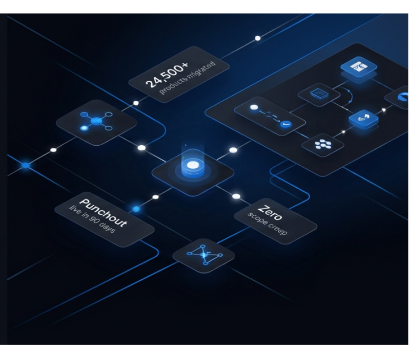 Platform architecture — 24,500 products migrated, Punchout live in 90 days, zero scope creep